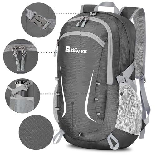 ZOMAKE Lightweight Packable Backpack 35L, Foldable Backpacks Water Resistant Collapsible Light Daypack for Hiking(Medium Grey) | Light Hiking Backpacks Water Resistant Collapsible Day Pack for Travel, Everyday Carry, Multi-Pocket Layout, Heavy Duty Nylon