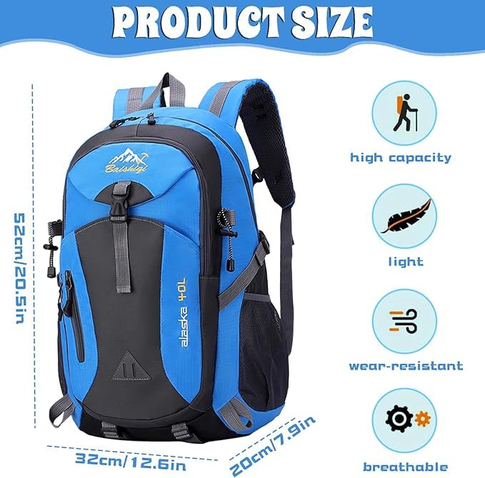 Men’s 40L Waterproof Hiking Backpack, Lightweight Foldable Daypack with Multi Pockets, Laptop Compartment, Breathable Polyester Rucksack for Outdoor Camping, Walking, Travel-Blue - color: Blue
