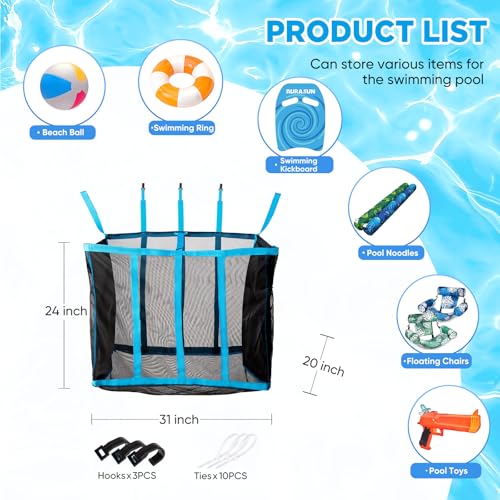 AURASUN 31" L x 20" W Hanging Mesh Pool Toys Storage Bag (Side Pocket) - size: M - 31" L x 20" W