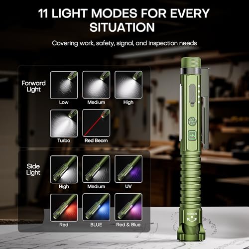 EDC Flashlight Rechargeable,800 Lumen Small Flashlight with Magnetic Clip & Base, 11 Modes LED Flashlight,Glass Breaker&Bottle Opener, USB-C Flashlight for Working,Home and Emergency - color: Green