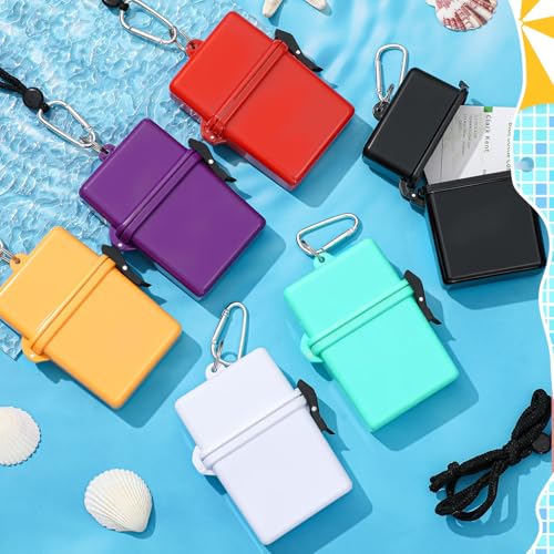 Outus 6 Pieces Waterproof Case ID Card Holder with Floating Sports Case Locker with Carabiner Hanging Ring and Rope 4.69 × 3.70 × 1.42 Inch (Solid Color) - color: Solid Color