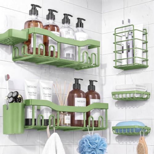 NESOMI Shower Caddy Adhesive Shower Organizer 7-Pack, Rustproof Stainless Steel Bathroom Shelves, Large Capacity No-Drill Rack Storage Accessories with Soap Dish Toothbrush Holder Hooks - color: Green, size: 7-Piece Set