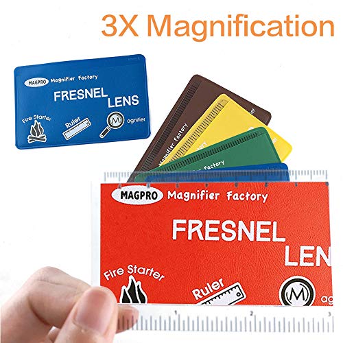 MagDepo 6 Pack Credit Card Size Magnifier Ruler Fresnel Lens Fire Starter Compact Plastic Magnifying Lens Wallet Pocket Magnifier for Reading Small Print, Maps, and Books -Red - color: Red