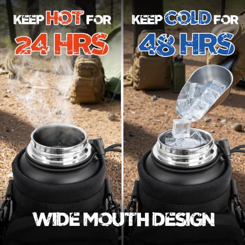 NATURE PIONEOR 32 oz Tactical Water Bottle with MOLLE Bottle Pouch & 3 Lids | 18/8 Food-grade Stainless Steel, Double Vacuum Insulation, 3 Leak-proof Lids, Handle, Strap, Camping, Hiking, Gym, Work - color: Black, size: 32 Ounces