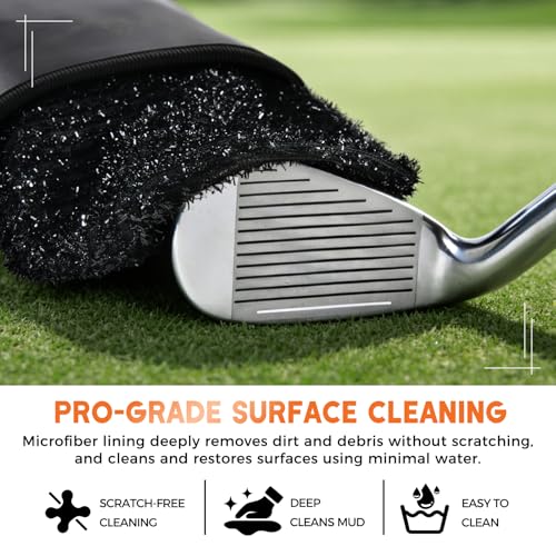 Tecoom Golf Ball Cleaner Pouch, Golf Club Cleaning Bag with 3-Layer Waterproof Clean Face Techy, PU Leather Exterior, Portable Club Grooves Washer, Detachable Clip - size: 5.9"×5"×2.4"-Pack of 1