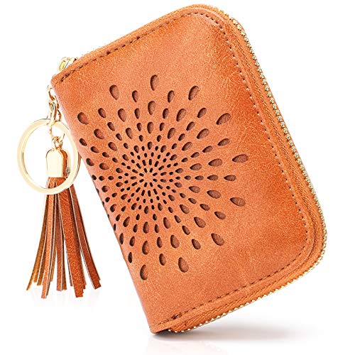 APHISON RFID Credit Card Holder Zipper Card Case Keychain Small Wallet for Women 1927 BROWN - color: 0-4BROWN（single zip）
