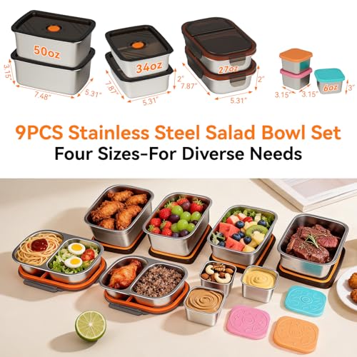 YUANYE 9 Pack 50/34/27/6oz Stainless Steel Salad Bowls with Lids & Dressing Cups, Leakproof Salad Containers Airtight Lunch Box, Small Snack Containers Oven/Dishwsher Safe for Meal Prep & Lunch To Go