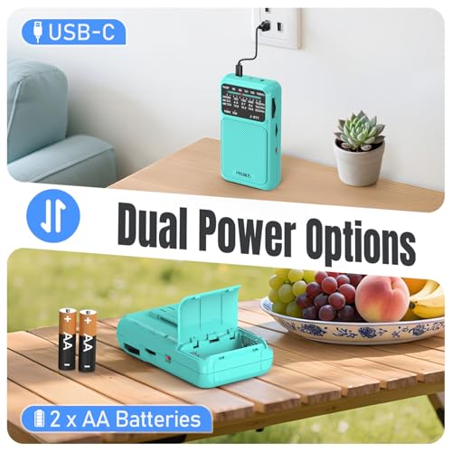 PRUNUS J211 Portable Radio AM FM, USB C Charging and AA Battery Operated - color: Blue