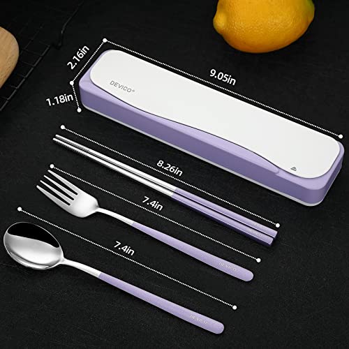 DEVICO Travel Utensils with Case, 4Pcs Portable Silverware Set for Work, 18/8 Stainless Steel Reusable Cutlery, Korean Spoon and Chopsticks Fork for Camping, School, Lunch Box Accessories (Purple) - color: Purple