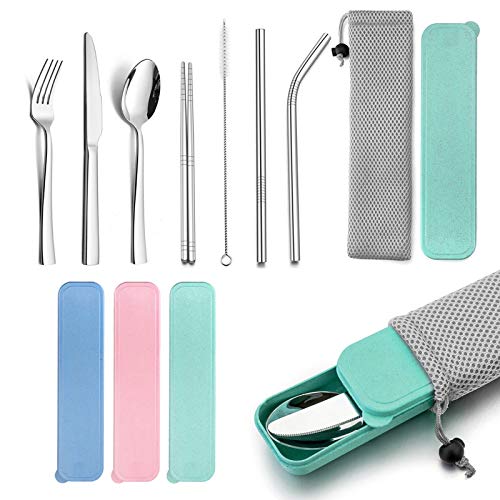 HaWare Portable Travel Utensils with Case, Stainless Steel Silverware Set for Camping Office School Lunch, Including Knife Fork Spoon Chopsticks, Reusable and Dishwasher Safe(Green) - color: Green Case