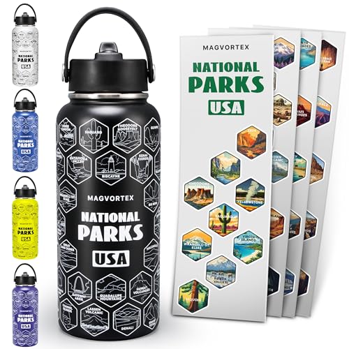 National Parks Black Water Bottle with Durable Stickers – 32oz Insulated Stainless Steel Water Bottle with Spout Lid – Insulated for Cold and Hot Drinks – Metal Bottle for Gym, Hiking, Camping - color: Black
