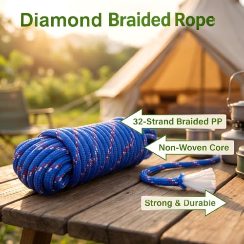 3/8 in × 100 ft Blue Diamond Braided Polypropylene Rope with Non-Woven Core, 32-Strand High Strength for Clothesline, Flagpole, Camping, Indoor & Outdoor Use (2 Pack, 50ft Each) - size: 3/8" x 100FT, style: Blue