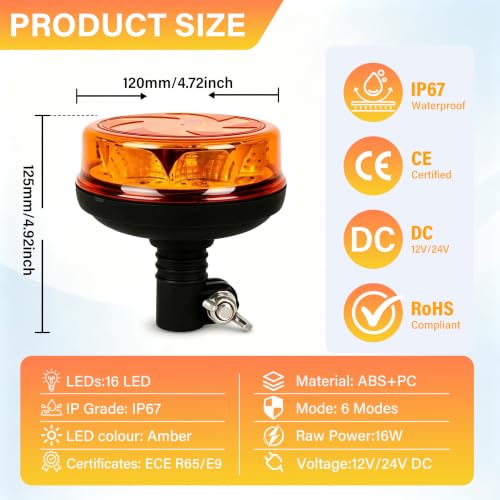 1Pcs Led Beacon Light Yellow Strobe Lights for Trucks 12V 24V Orange Beacon Light Rotating Beacon with 6 Modes for Car Truck UTV SUV Tractor Forklift Golf Cart Trailer
