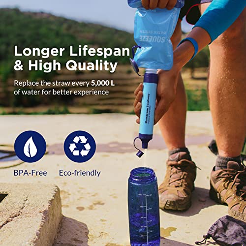 Membrane Solutions Squeezable Water Filtration System, Survival Water Purifier Kit, Portable Backpacking Gear Including Water Filter Straw and 23oz Collapsible Bottle for Hiking Camping Travel(3+4)