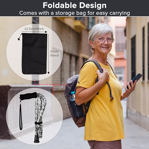 Elegant Walking Cane for Women, Foldable & Adjustable Cane for Seniors with Self-Standing Tip | Lightweight Mobility Aid for Stability & Balance Support - color: Black and white floral printed