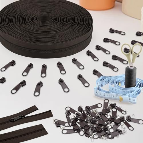 DOITEM 12 Yards Nylon Coil Zipper by The Yards, #3 Bulk Zippers for DIY Sewing Craft Bags with Replacement 25PCS Sliders (Brown, #3) - color: Brown, size: #3