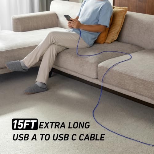 Extra Long USB C Cable 15FT, USB to USB C Cable Fast Charging Cord Type C | Durable Nylon Braided Phone Charger Cord for iPhone 17 16 15, iPad Pro, Air, Mini, Samsung Galaxy S26 S25, Pixel 10 - Blue - color: Blue, size: 15 FT - 1 Pack, style: USB A to USB