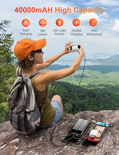 MINRISE Solar Power Bank 40000mAh, Portable Charger PD 20W Fast Charging - color: Black
