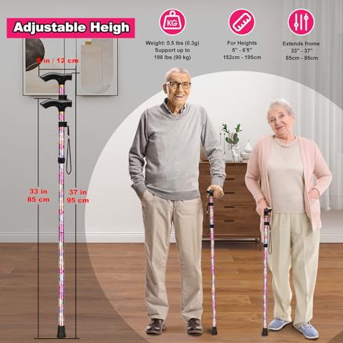 MFE Folding Cane, Portable 5-Level Adjustable Height Walking Stick with Foldable Design, Wrist Strap, and T Handle for Men and Women - color: Pink Floral