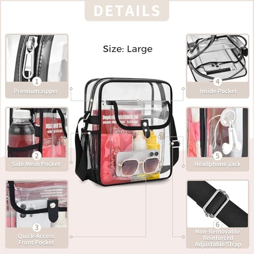SPODEARS Clear Crossbody Bag for Stadium with Bottle Holder - color: Black, size: Large