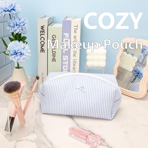PAZIMIIK Cozy Makeup Bag for Women,Zipper Cosmetic Pouch,Stripe Blue,2 Pack - color: Stripe Blue