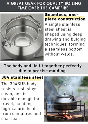 CAMPINGMOON 1L Campfire Kettle Seamless One-Piece Stainless Steel Wide Bottom Wide Spout Integrated Molding Camping Outdoor Water Boiler SW-1