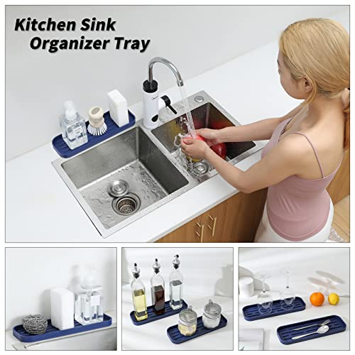 MicoYang Silicone Kitchen Sink Organizer Tray for Multiple Usage,Eco-Friendly Sponges Holder for Kitchen Bathroom Counter or Sink,Dish Soap Dispenser,Scrubber,Bottle,Cup (Navy Blue, 12"×4") - color: Navy Blue, size: 12" x 4" x 0.7"