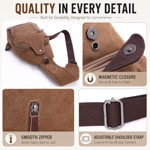 Canvas Sling Bag for Men Crossbody Chest Bag Casual Daypack Rucksack Small Crossbody Backpack with Adjustable Strap - color: Khaki