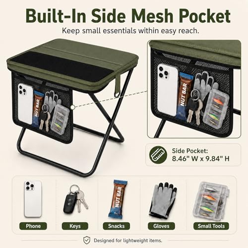 Portable Folding Stool for Adults, Foldable Backpack Stool with Shoulder Strap, 1.77 lb Lightweight Camping Stool with Side Pocket, Travel Seat for Fishing, Hiking, Gardening, Festivals, Green, 1 Pack