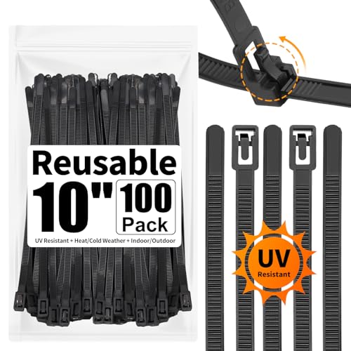100 Pack Reusable Zip Ties 10 Inch Heavy Duty UV Resistant Cable Ties Black | Reusable Trigger Release / Heavy Duty Nylon / UV Weatherproof / Non-Slip Self-Locking / Smooth Round Ending No Hurt - size: 10 inch