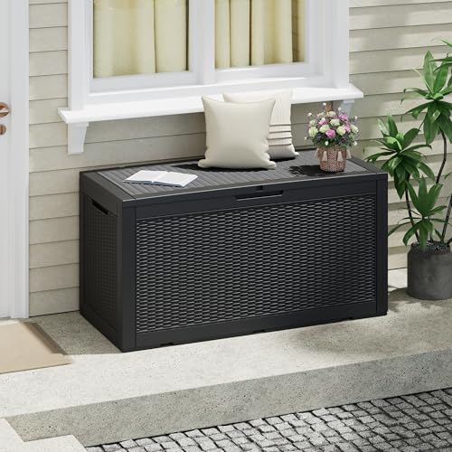 Outdoor Storage Box Waterproof, 100 Gallon Deck Box For Patio Storage - color: Rattan Black, style: 100Gallon