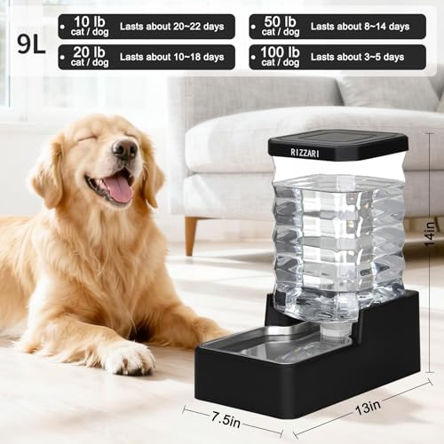 RIZZARI 9L Automatic Dog Water Dispenser: Stainless Steel Bowl - color: Black with Lid, size: 9L