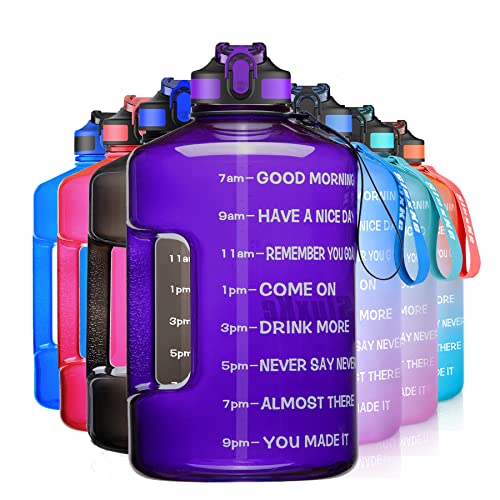 SLUXKE 1 Gallon Motivational Sports Water Bottle with Time Marker, BPA Free 128oz Leak Proof Jug, Black, Plastic, 128 ounces, Fitness, Sports, Outdoor Activities - color: Purple