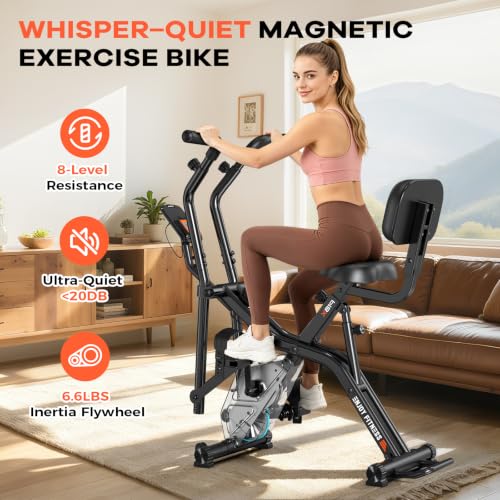 pooboo Folding Magnetic X‑Bike, Upright Exercise Bike for Home Gym | Foldable Indoor Stationary Cycling Bike, 8‑Level Resistance, 6.6 LBS Flywheel, 300 LB Capacity, Back Support Cushion - color: Orange