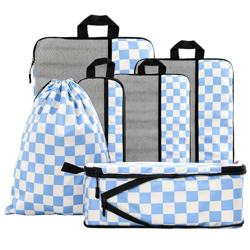 U+U 6 Set Compression Packing Cubes, Travel Organizers (Blue Checkered) | Space-Saving & Drawstring Bag Included - color: Blue Checkered, size: 6 Set