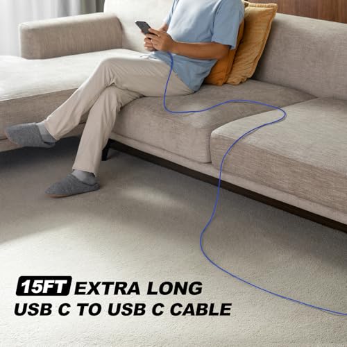 Extra Long USB C Cord 15FT, 100W USB-C to USB-C Cable Fast Charger USBC | Durable Apple USB C Cable for iPhone 17 16 15, iPad Pro, Air, Mini, MacBook Pro, Air, Samsung S26, Pixel 10 Pro XL, 9a, 10a - color: Blue, size: 15 FT - 2 Pack, style: USB C to USB