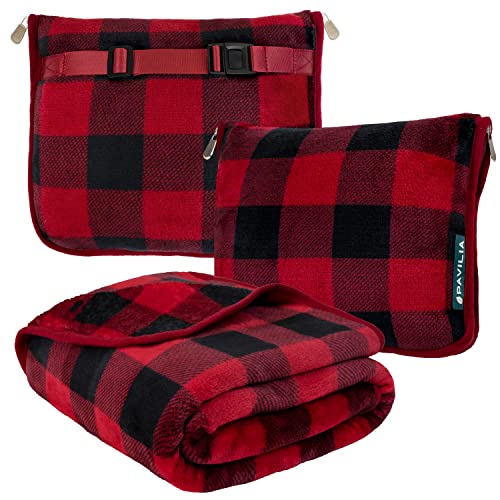 PAVILIA Travel Blanket Pillow, Soft Airplane Blanket 2-IN-1 Combo Set, Plane Blanket Compact Packable, Flight Essential Car Pillow, Travelers Gift Accessories Luggage Backpack Strap, 60x43 Checker Red - color: Checker Red
