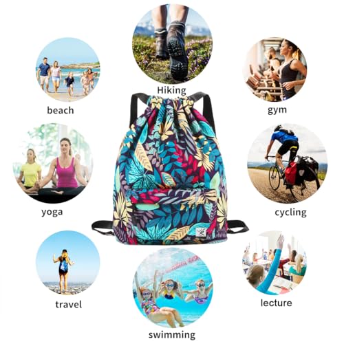 Waterproof Drawstring Bag, Gym Bag Sackpack Sports Beach Backpack for Men Women - color: 02-blue Leaves