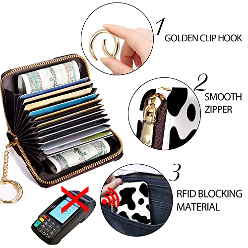 Yonlevres Credit Card Holder RFID Small Wallet Women Keychain Zipper - color: Black Cow