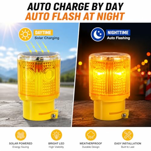 Solar Strobe Warning Light, Bright LED Safety Beacon, Auto On/Off Solar Flashing Light, IP65 Waterproof Emergency Warning Lamp for Construction, Dock, Factory, Traffic, Marine & Road Safety (Yellow) - color: Yellow