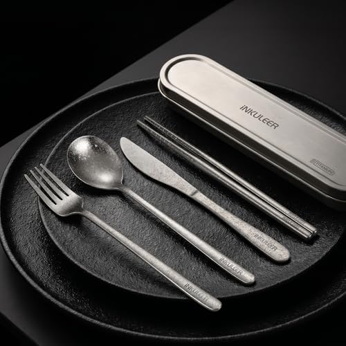 iNKULEER 100% Pure Titanium Travel Cutlery Set | Reusable Utensils with Metal Case | Portable Silverware for Camping, Office, Travel & Outdoor Dining - color: Pure Titanium