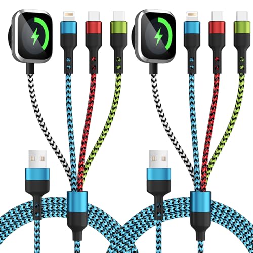 Travel Essentials 4 in 1 Multi Charging Cable for iWatch Charger, 2Pcs 5FT | Travel Charging Cords for Multiple Devices with Dual Type-C/IP/iWatch Charger, Travel Cable for iWatch Ultra/11-2, iPhone17-8 - color: Blue