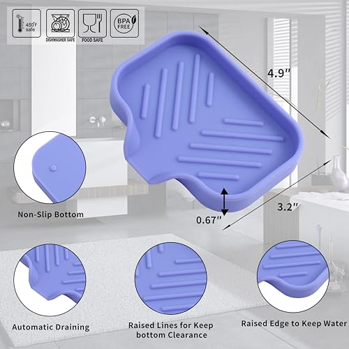 MicoYang Silicone Soap Dish with Drain Spout, Self-Draining Sink Organizer Tray for Bathroom & Kitchen, Sponges, Dispensers & Soap Holder, Non-Slip & Dishwasher Safe, Light Purple (Compact, 4.9"×3.2") - color: Light Purple, size: S(4.9"×3.2")