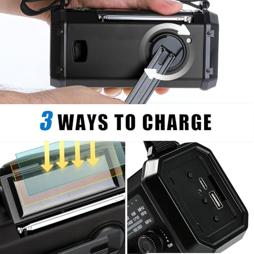 10000mAh Emergency Crank Radio,NOAA/AM/FM Weather Radio, Type-C Charge,Solar Charging,SOS, 3 Modes LED Torch, Reading Lamp, Compass for Outdoor Survival(Black) - color: Black