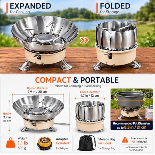 Butane Camping Stove, Portable Windproof Camping Gas Stove with Built-in Windshield, Piezo Ignition, Propane Canister Adapter, Foldable Burner for Backpacking Hiking Outdoor Cooking