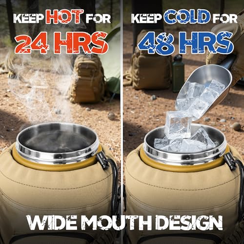 NATURE PIONEOR 128oz/1 Gallon Tactical Water Bottle with MOLLE Bottle Pouch | 18/8 Food-grade Stainless Steel, Double Vacuum Insulation, Wide-Mouth, Straw & Spout Lid, Strap, Camping, Hiking, Gym, Work - color: Brown Green, size: 128 Ounces