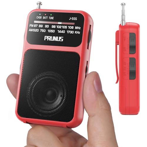 PRUNUS J-555 Pocket Radio AM FM USB-C Charging& Battery Operated, Back Clip - color: Red
