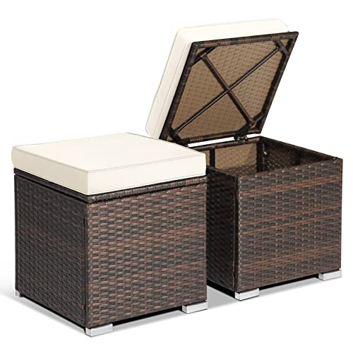 HAPPYGRILL 2 Pieces Patio Ottoman Set Outdoor Wicker Stool with Storage, Rattan Footrest Ottoman with Solid Metal Frame and Cushion for Backyard Poolside Garden Balcony - color: Off White