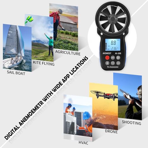 AIOMEST Digital Anemometer, Handheld Wind Speed Meter AI-100, Airflow Gauge Measures Air Temperature ℃/℉ Velocity for HVAC with Wind Chill Backlight - color: AI-100 Anemometer