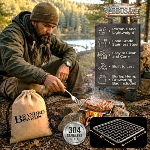 Portable Bushcraft Stainless BBQ Small Cooking Grill Grate & Burlap Hemp Drawstring Bag, Camping, Campfires Backpacking, Hunting & Fishing. (Small Grill & Bag ONLY) - size: Small Grill & Bag